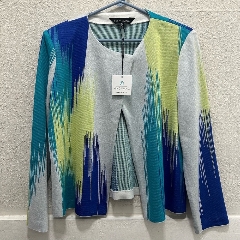 Ming Wang Blue and Green Asymmetrical Single Clasp Knit Jacket NWT PM